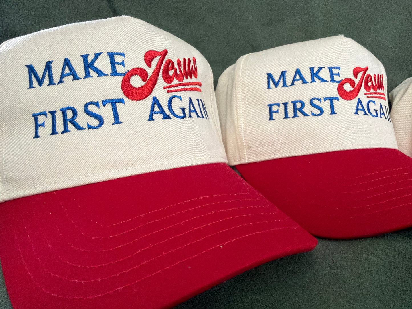 Make Jesus First Again Five-Panel Twill Cap – Natural/Red