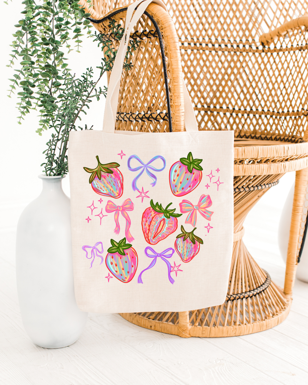 Brushed Strawberries and Bows Coquette Tote Bag