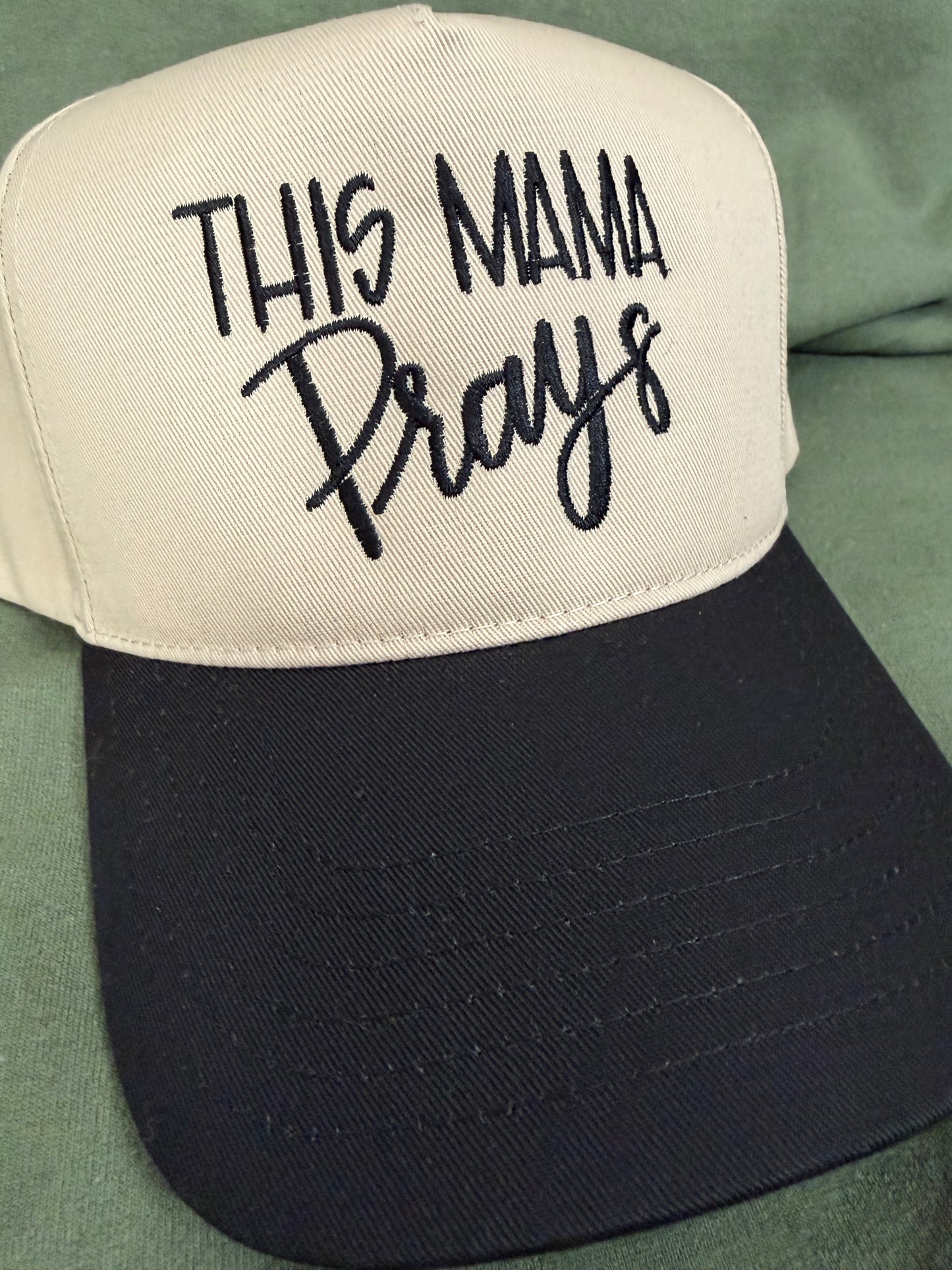 This Mama Prays Hat — Natural & Black | Black Print