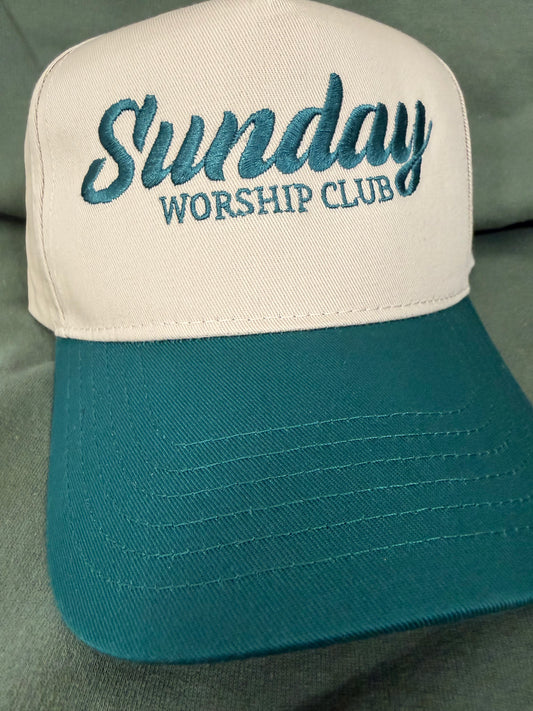 Sunday Worship Club Ball Cap — Khaki & Forest Green
