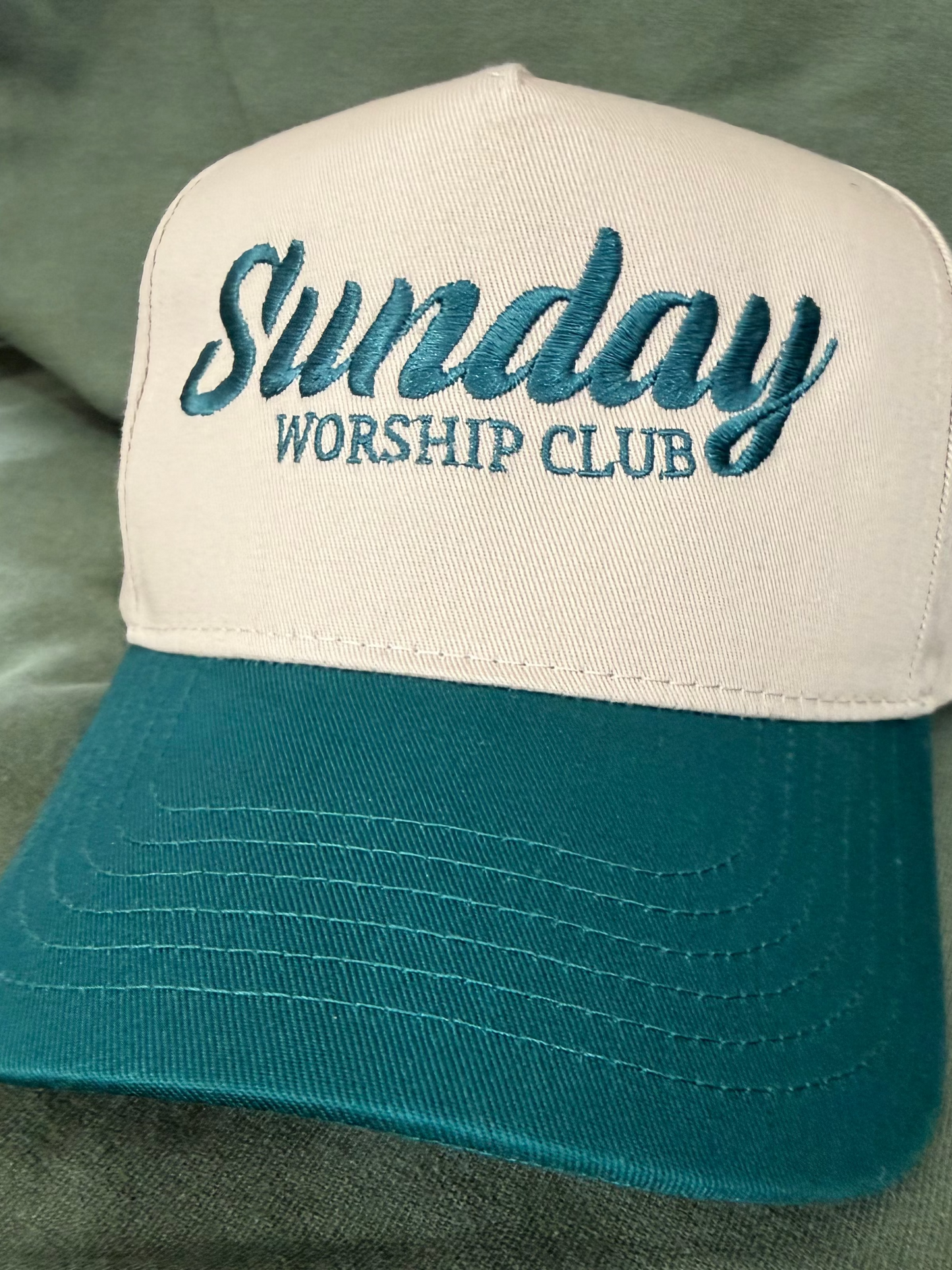 Sunday Worship Club Ball Cap — Khaki & Forest Green