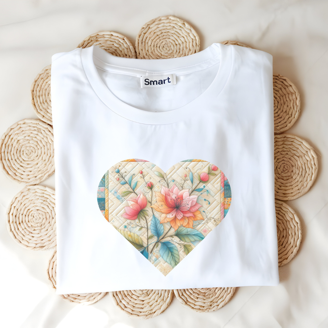 a white t - shirt with a floral heart on it