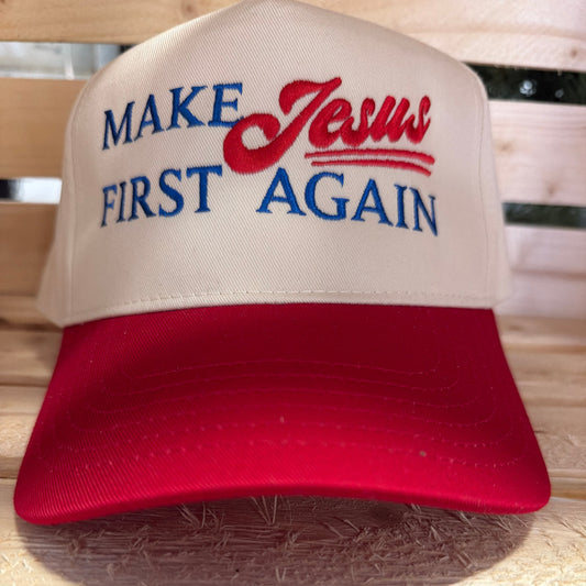 Make Jesus First Again Five-Panel Twill Cap – Natural/Red