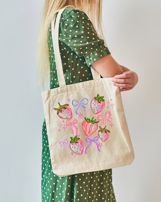 Brushed Strawberries and Bows Coquette Tote Bag