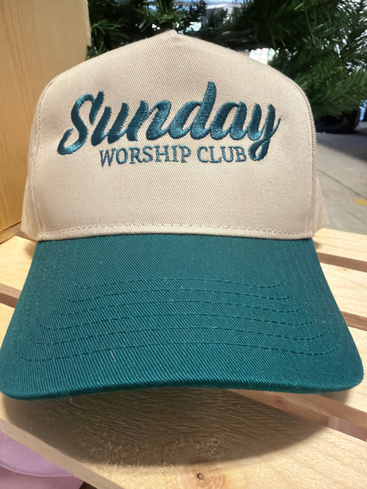 Sunday Worship Club Ball Cap — Khaki & Forest Green