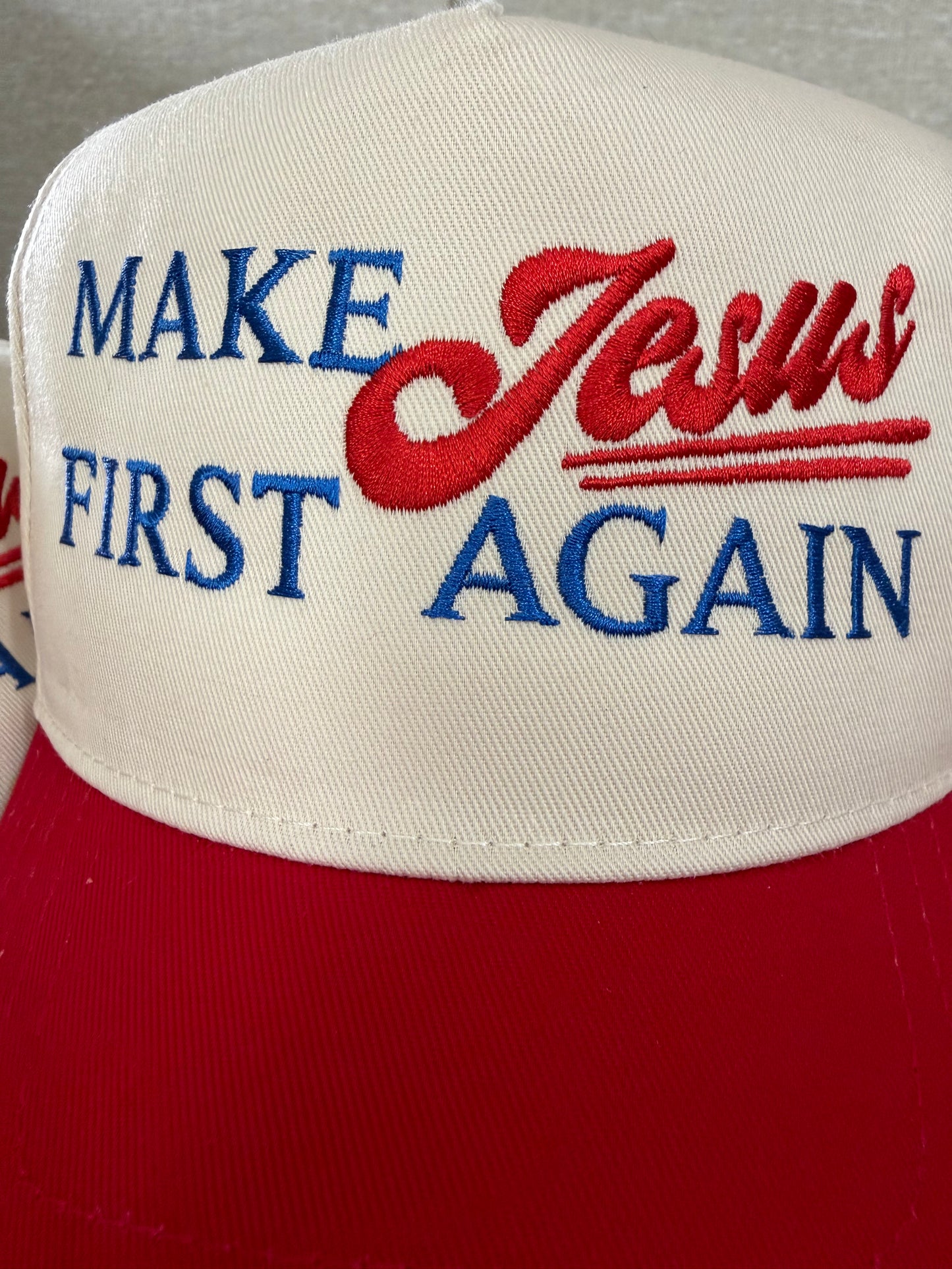 Make Jesus First Again Five-Panel Twill Cap – Natural/Red