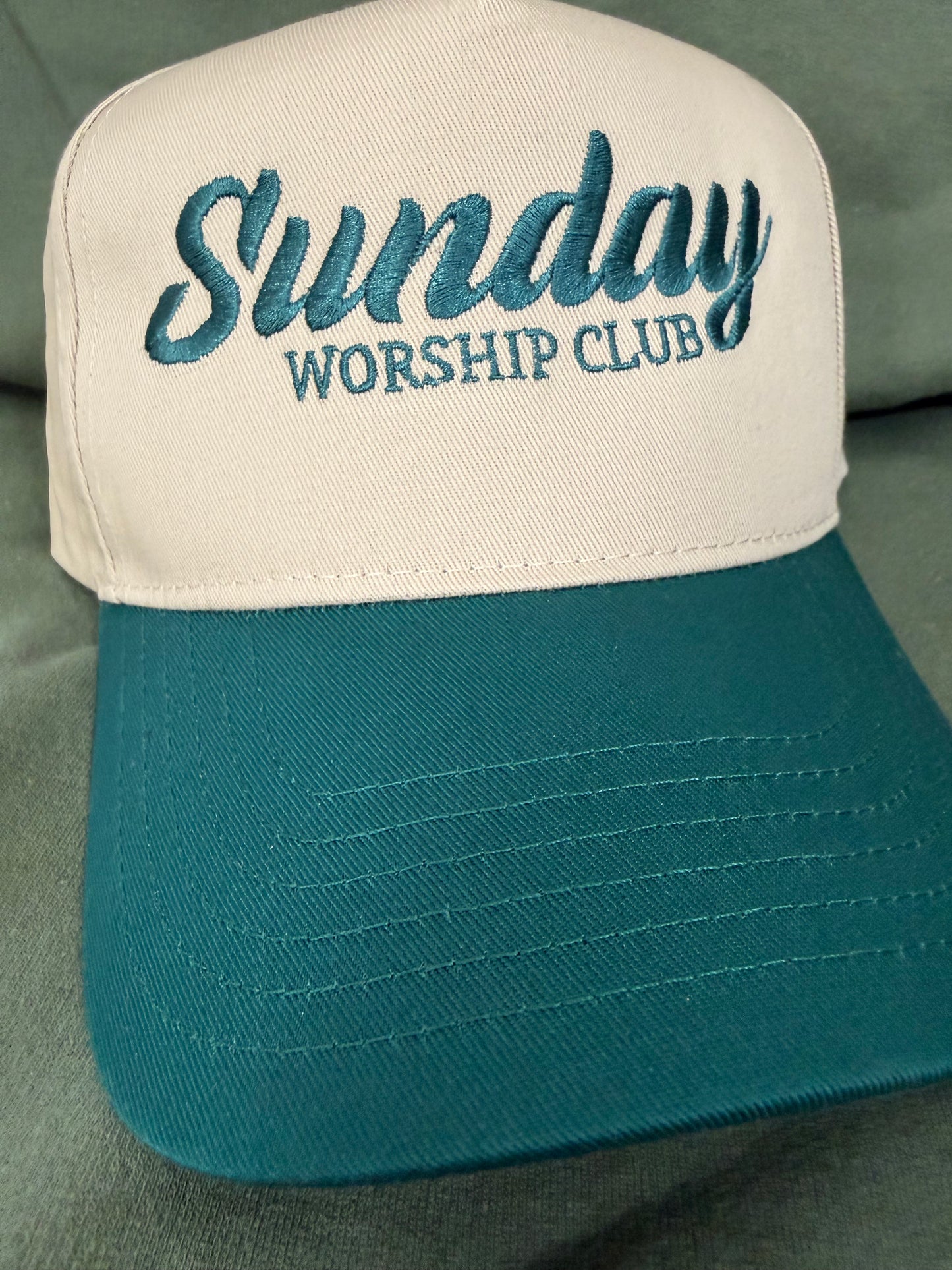 Sunday Worship Club Ball Cap — Khaki & Forest Green